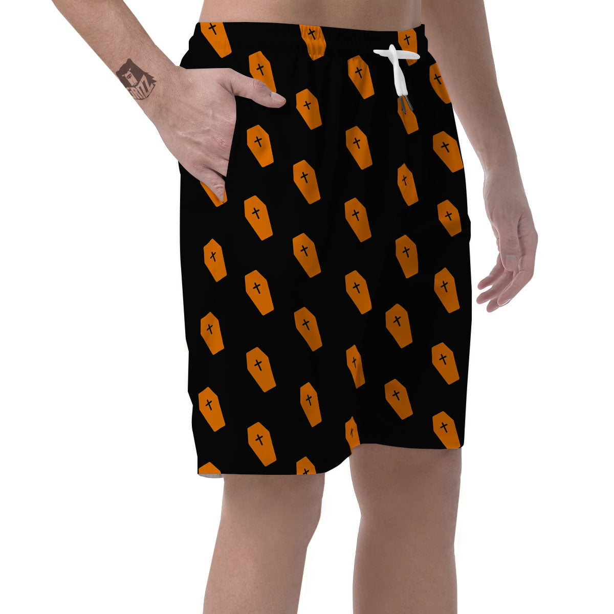 Coffin Orange Halloween Print Pattern Men's Shorts-grizzshop