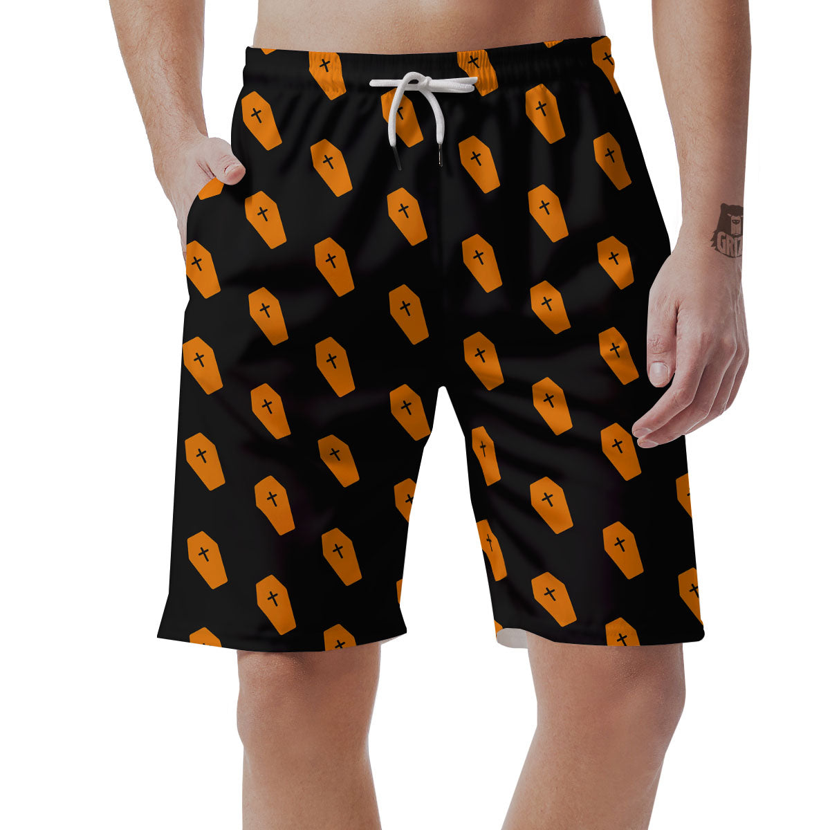Coffin Orange Halloween Print Pattern Men's Shorts-grizzshop