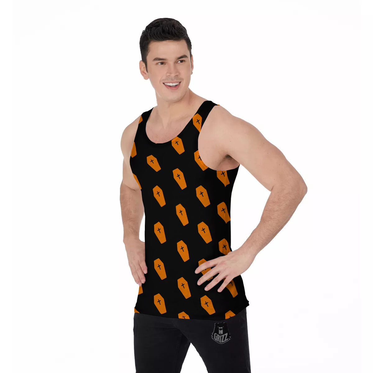 Coffin Orange Halloween Print Pattern Men's Tank Top-grizzshop