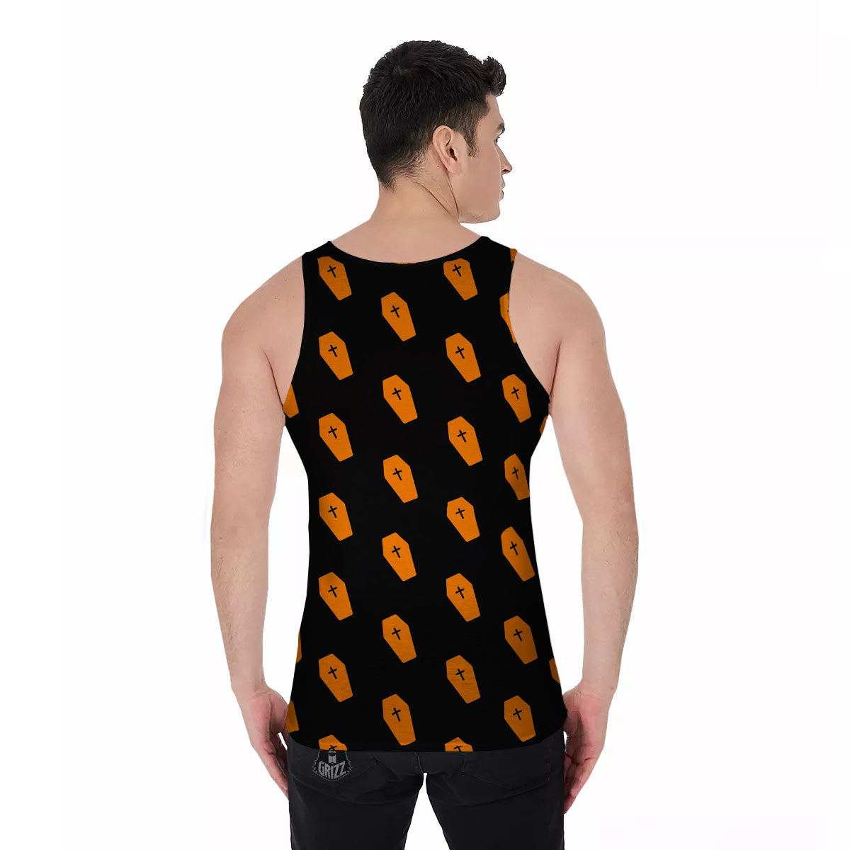Coffin Orange Halloween Print Pattern Men's Tank Top-grizzshop