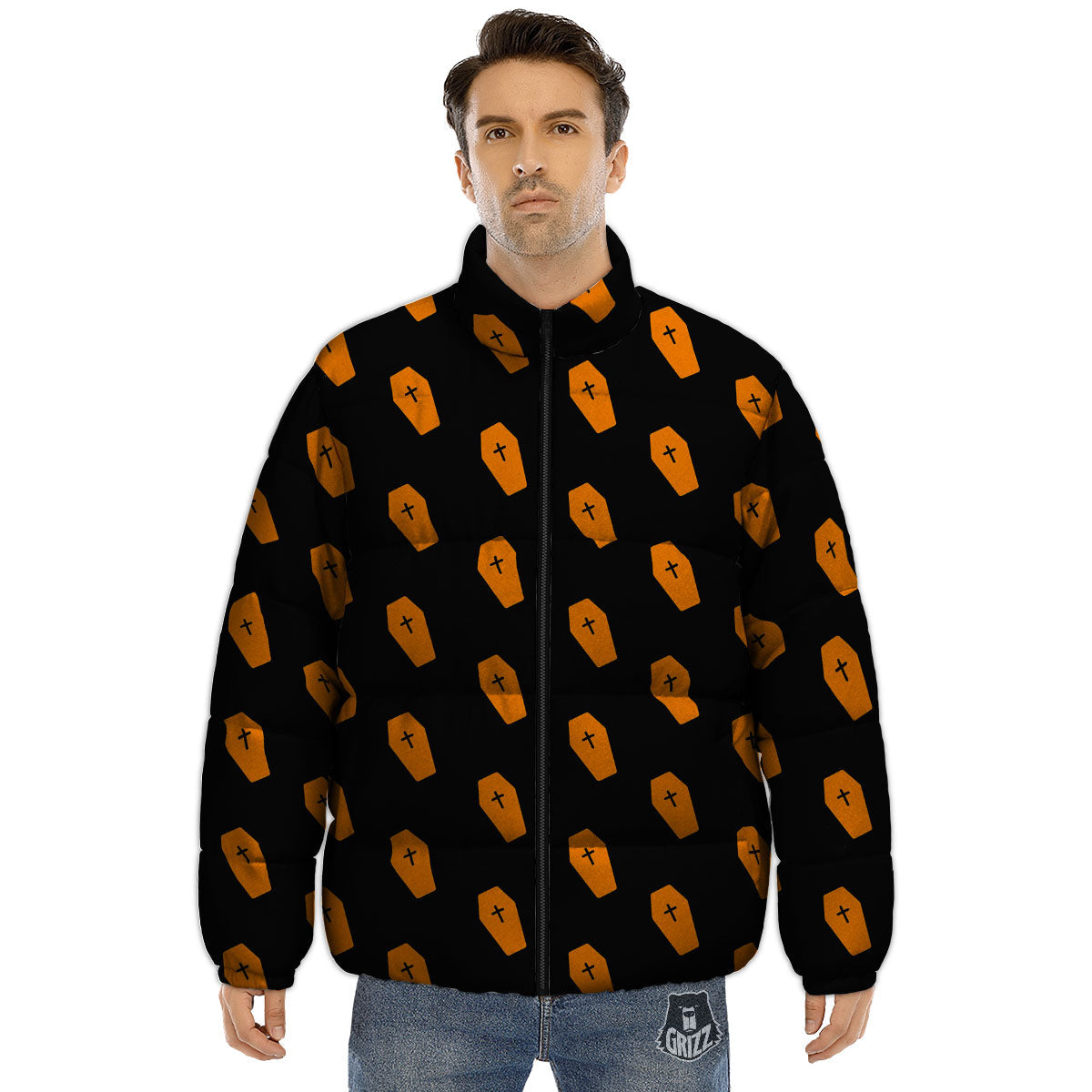 Coffin Orange Halloween Print Pattern Puffer Jacket-grizzshop