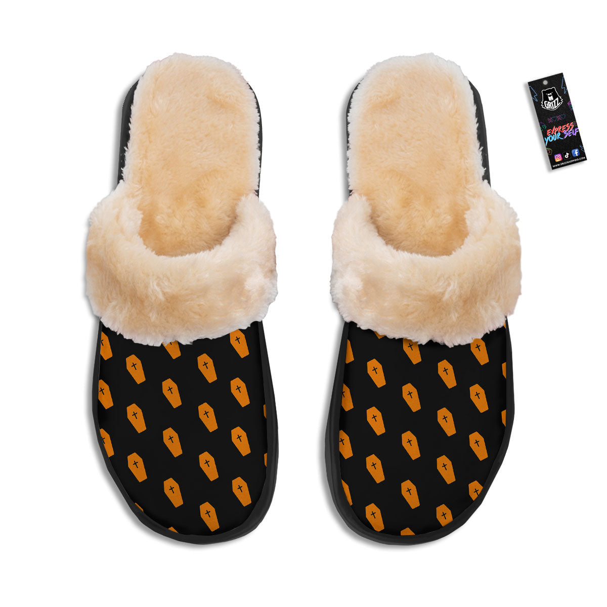 Coffin Orange Halloween Print Pattern Slippers-grizzshop
