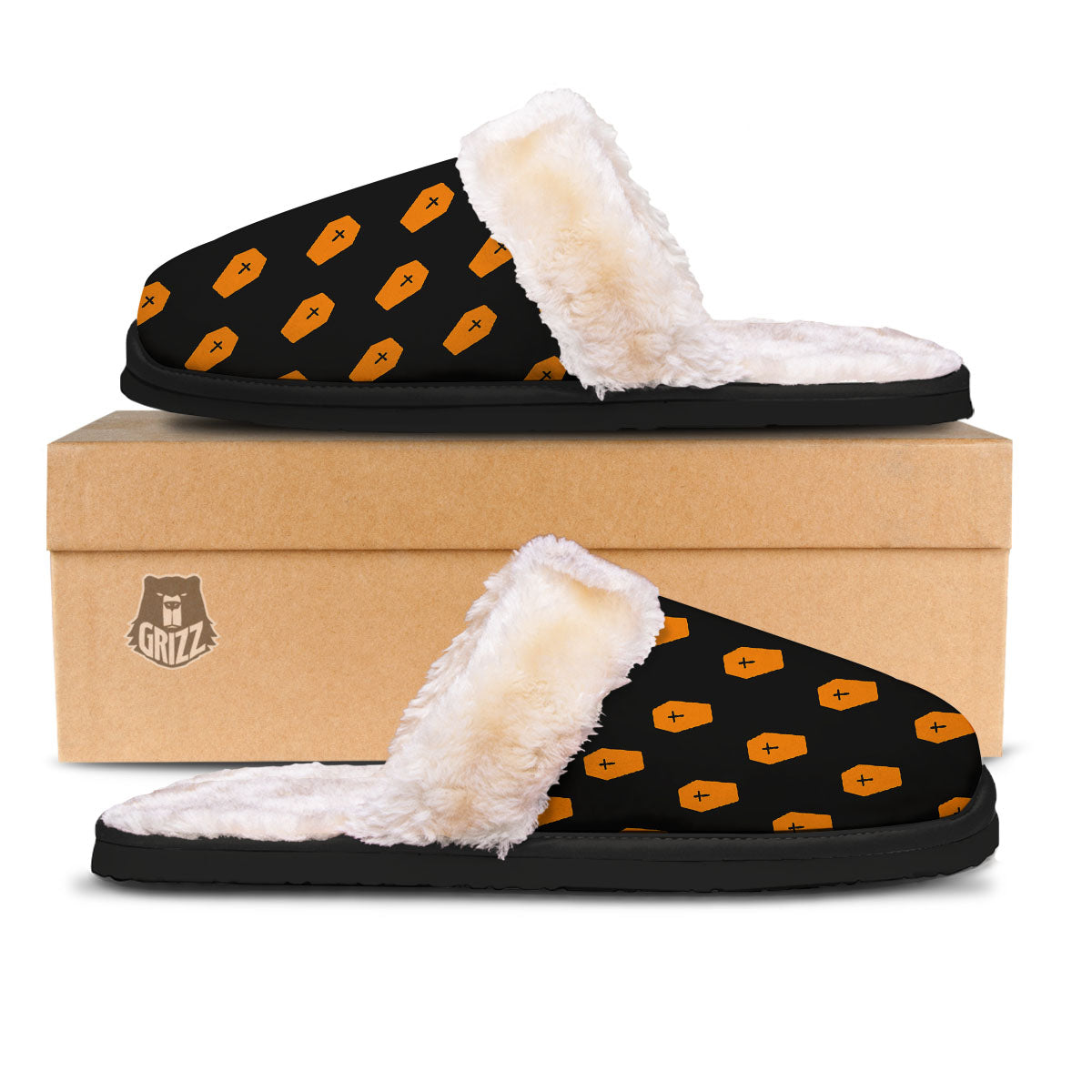 Coffin Orange Halloween Print Pattern Slippers-grizzshop