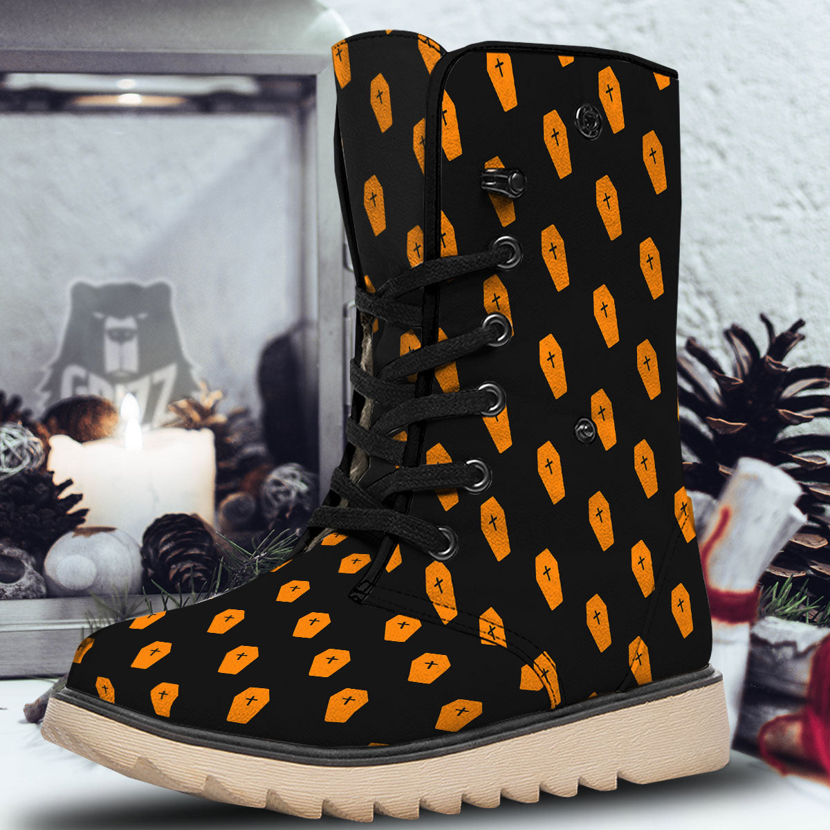 Coffin Orange Halloween Print Pattern Snow Boots-grizzshop
