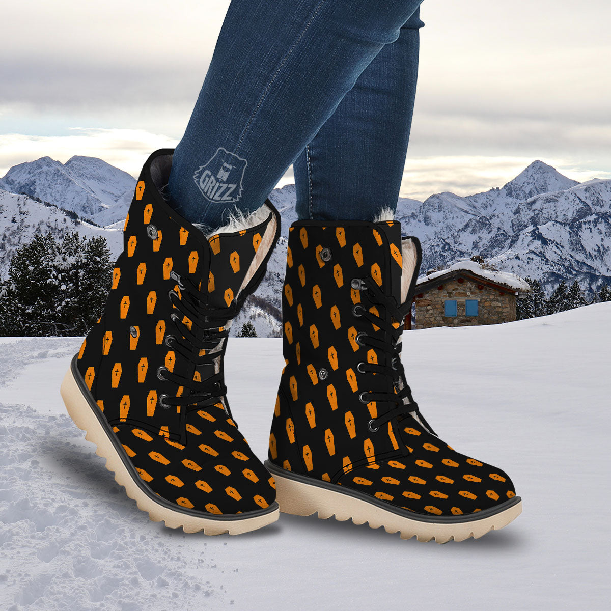 Coffin Orange Halloween Print Pattern Snow Boots-grizzshop