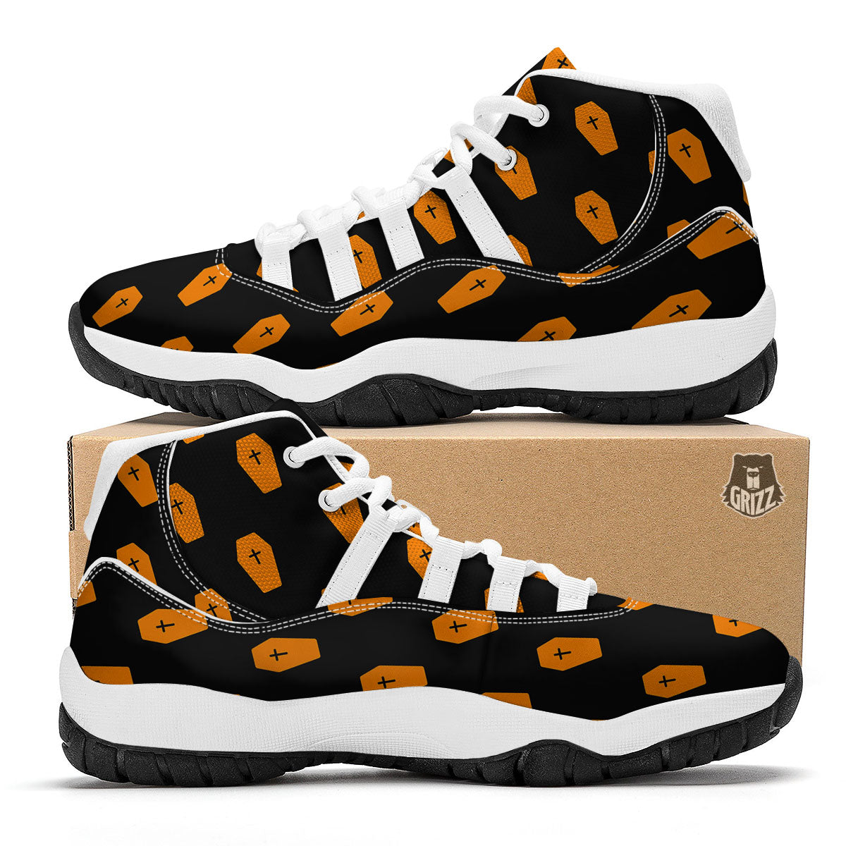 Coffin Orange Halloween Print Pattern White Bball Shoes-grizzshop