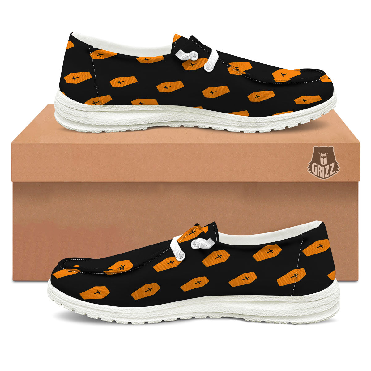 Coffin Orange Halloween Print Pattern White Loafers-grizzshop