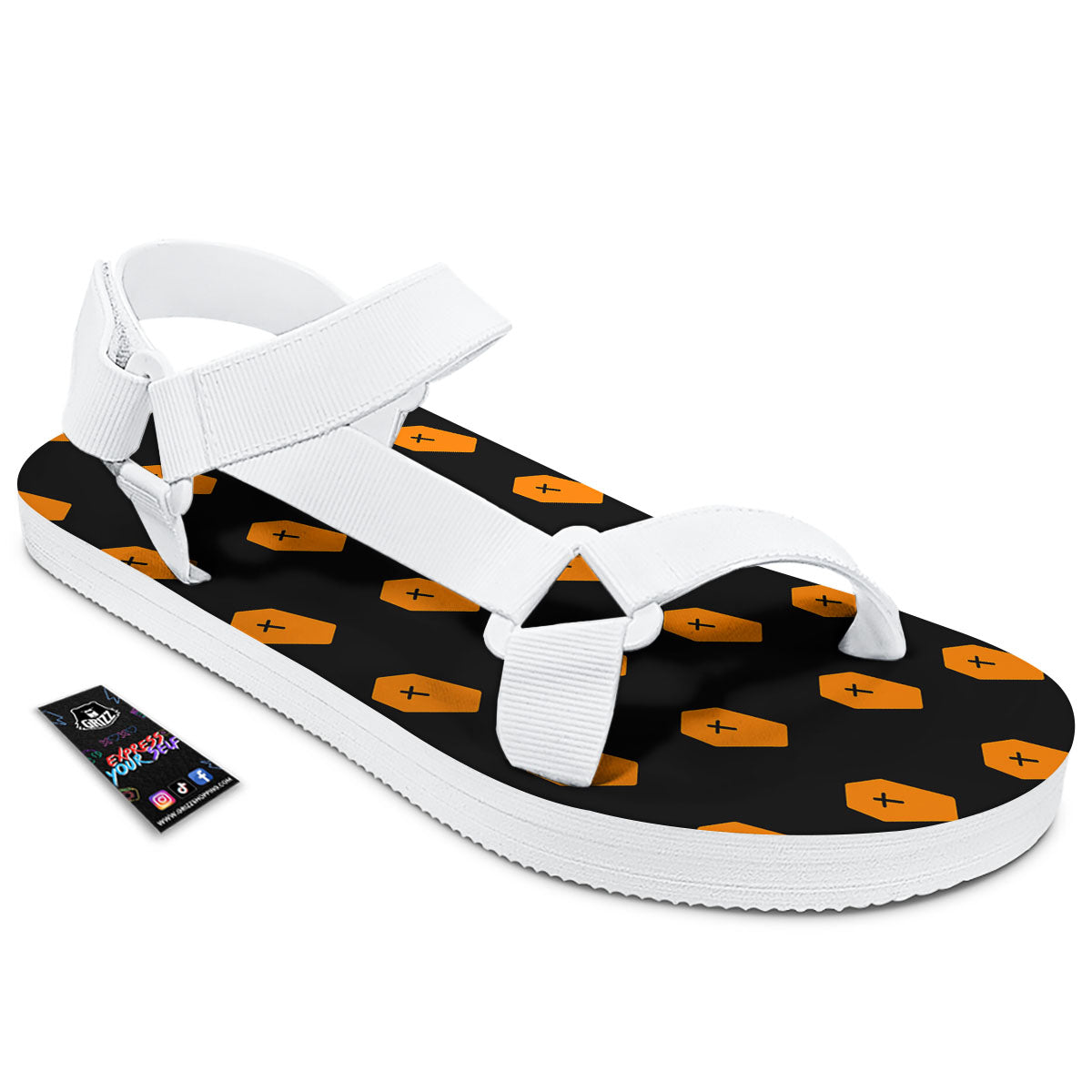 Coffin Orange Halloween Print Pattern White Open Toe Sandals-grizzshop