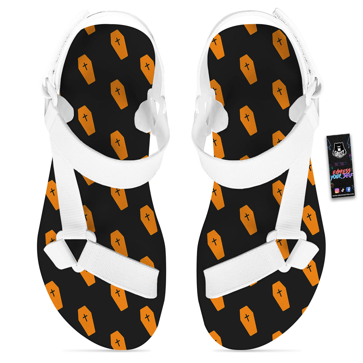 Coffin Orange Halloween Print Pattern White Open Toe Sandals-grizzshop