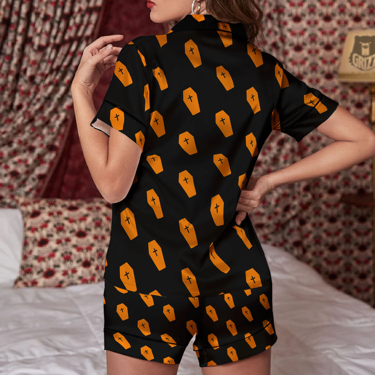 Coffin Orange Halloween Print Pattern Women Silk Pajamas-grizzshop
