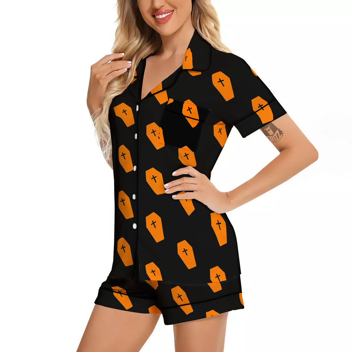 Coffin Orange Halloween Print Pattern Women Silk Pajamas-grizzshop