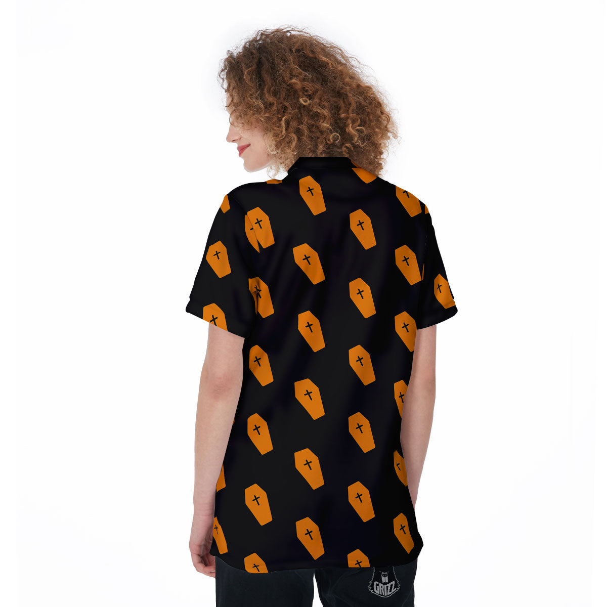 Coffin Orange Halloween Print Pattern Women's Golf Shirts-grizzshop