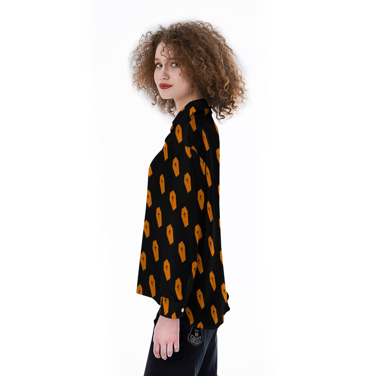 Coffin Orange Halloween Print Pattern Women's Long Sleeve Shirts-grizzshop