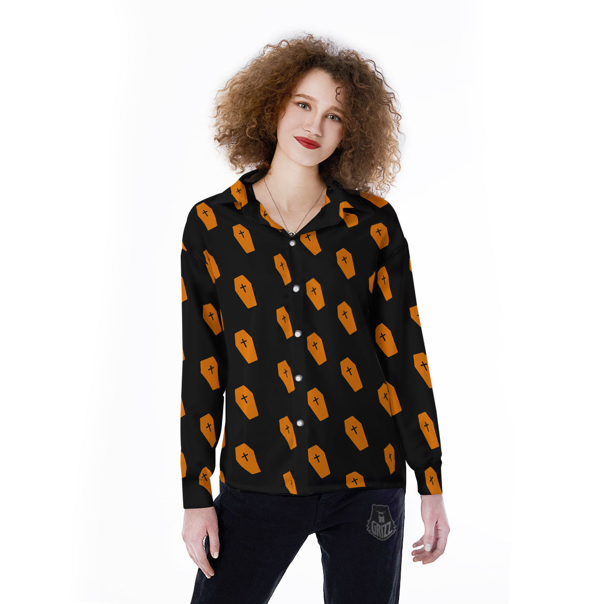 Coffin Orange Halloween Print Pattern Women's Long Sleeve Shirts-grizzshop