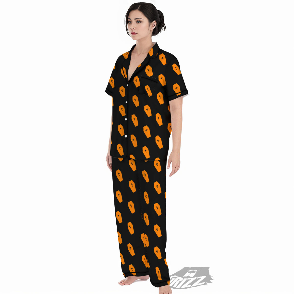 Coffin Orange Halloween Print Pattern Women's Pajamas Set-grizzshop