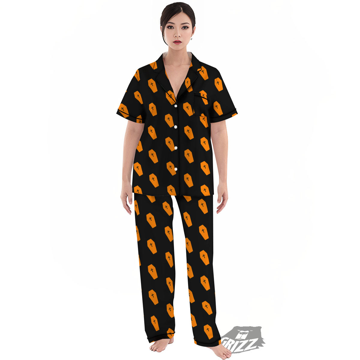 Coffin Orange Halloween Print Pattern Women's Pajamas Set-grizzshop