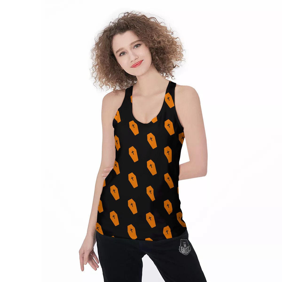 Coffin Orange Halloween Print Pattern Women's Racerback Tank Top-grizzshop