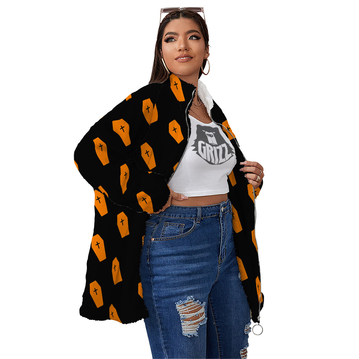 Coffin Orange Halloween Print Pattern Women's Sherpa Jacket-grizzshop