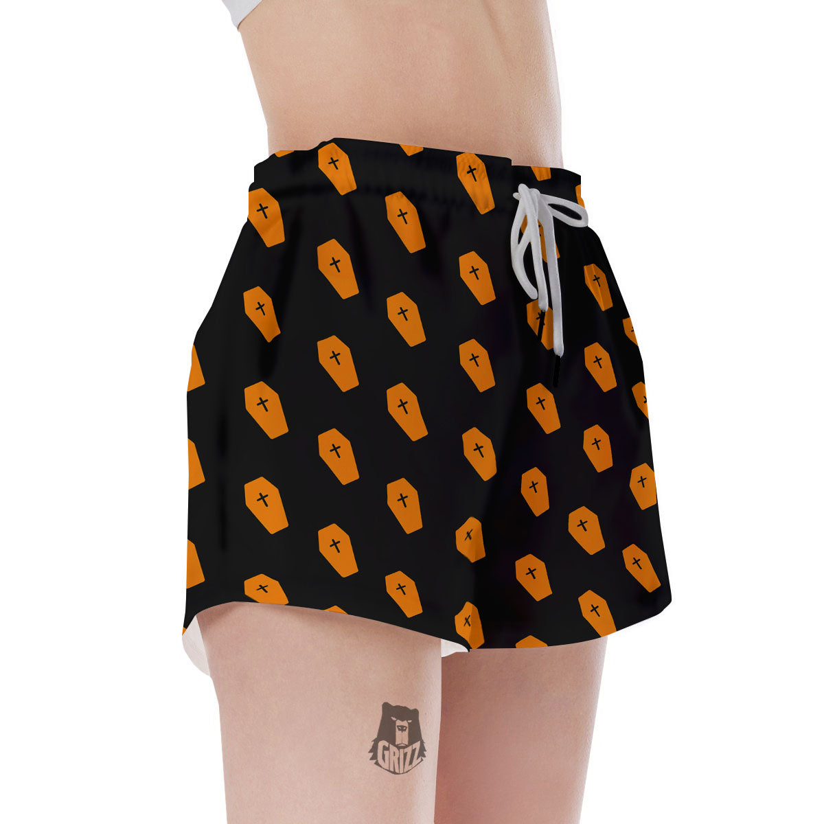 Coffin Orange Halloween Print Pattern Women's Shorts-grizzshop