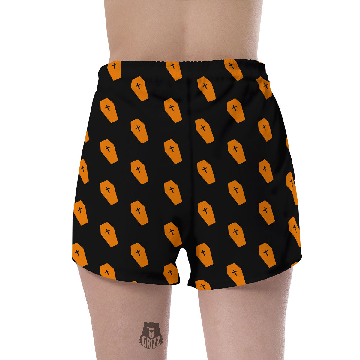 Coffin Orange Halloween Print Pattern Women's Shorts-grizzshop