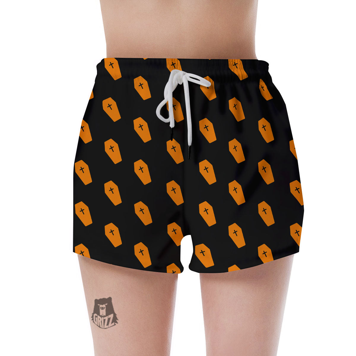 Coffin Orange Halloween Print Pattern Women's Shorts-grizzshop