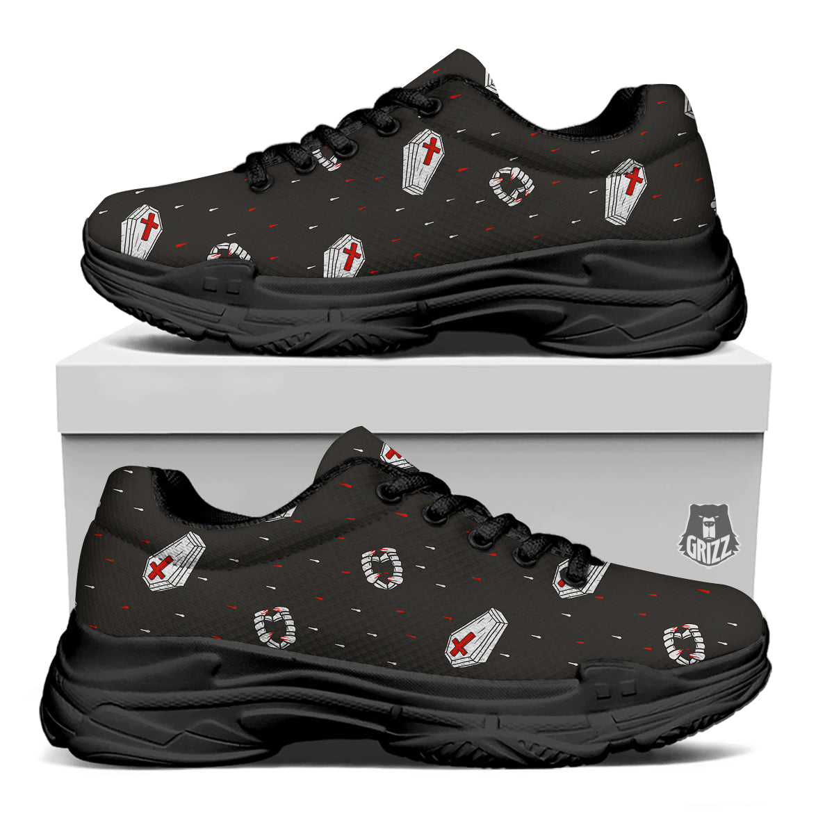 Coffin Vampire Print Pattern Black Chunky Shoes-grizzshop
