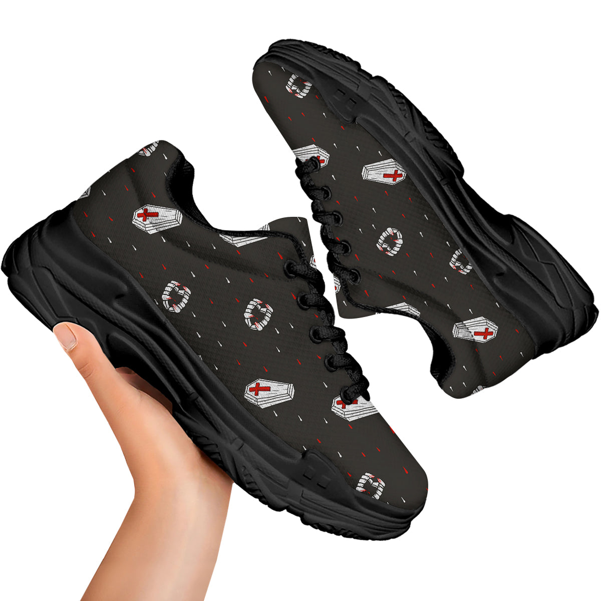 Coffin Vampire Print Pattern Black Chunky Shoes-grizzshop