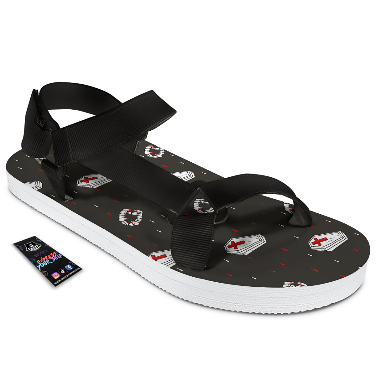 Coffin Vampire Print Pattern Black Open Toe Sandals-grizzshop