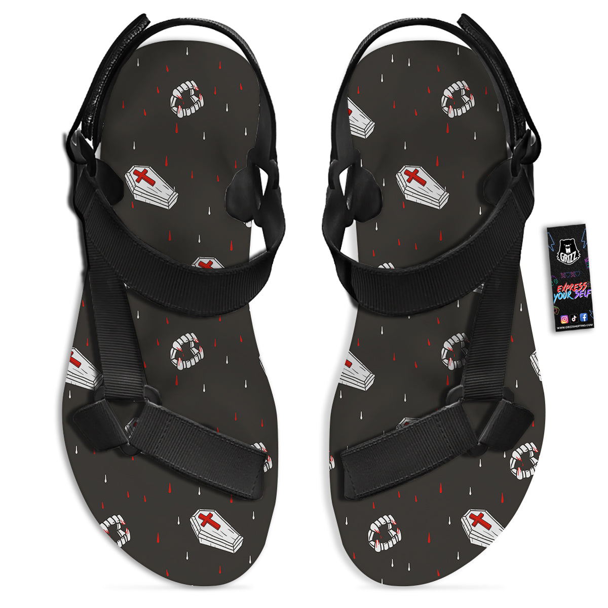 Coffin Vampire Print Pattern Black Open Toe Sandals-grizzshop