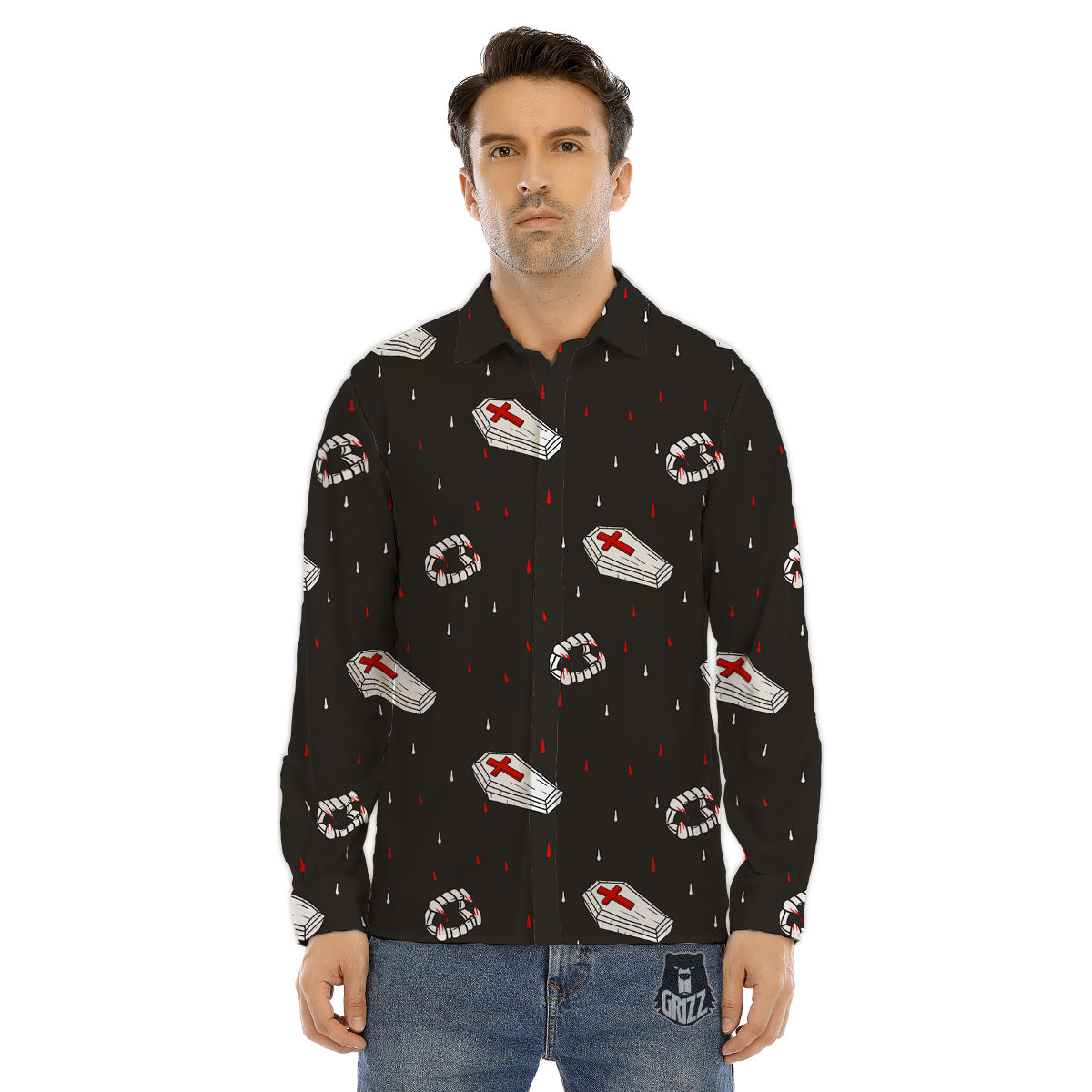 Coffin Vampire Print Pattern Men's Dress Shirts-grizzshop