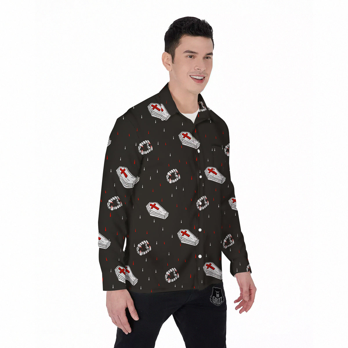 Coffin Vampire Print Pattern Men's Long Sleeve Shirts-grizzshop