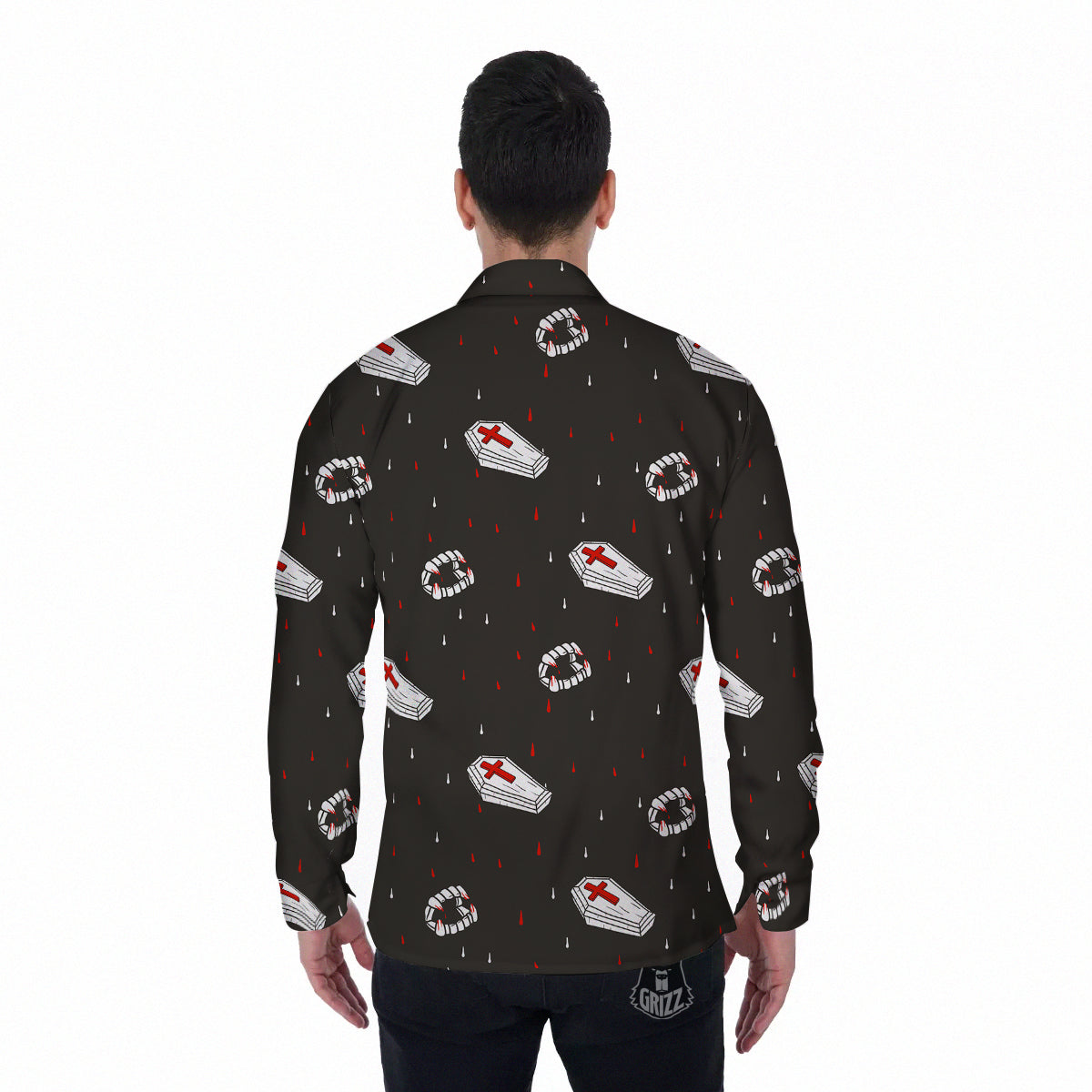 Coffin Vampire Print Pattern Men's Long Sleeve Shirts-grizzshop