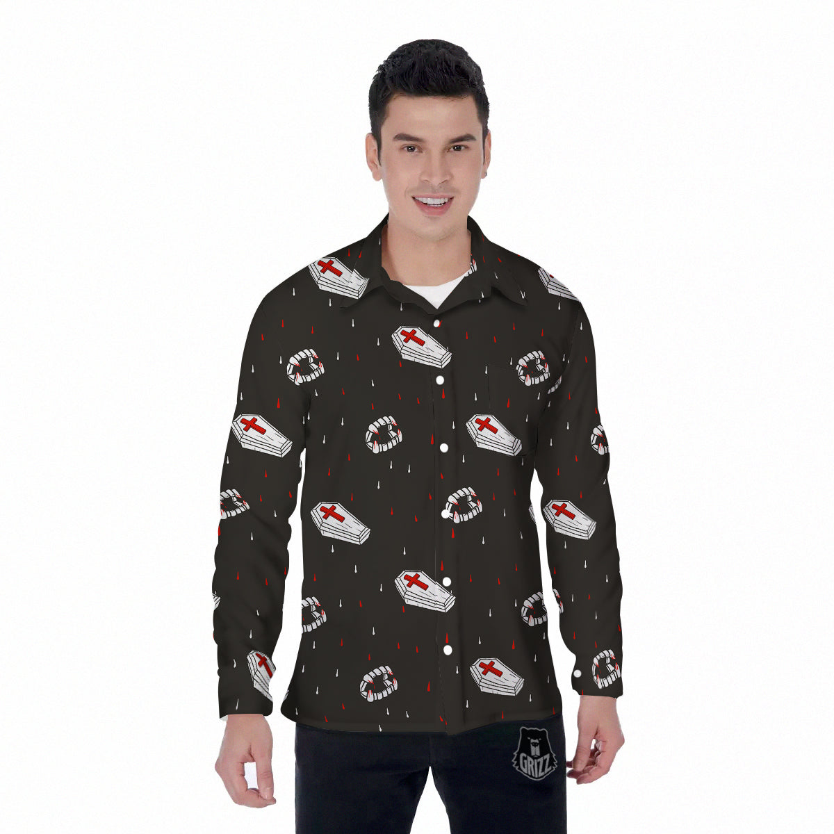 Coffin Vampire Print Pattern Men's Long Sleeve Shirts-grizzshop
