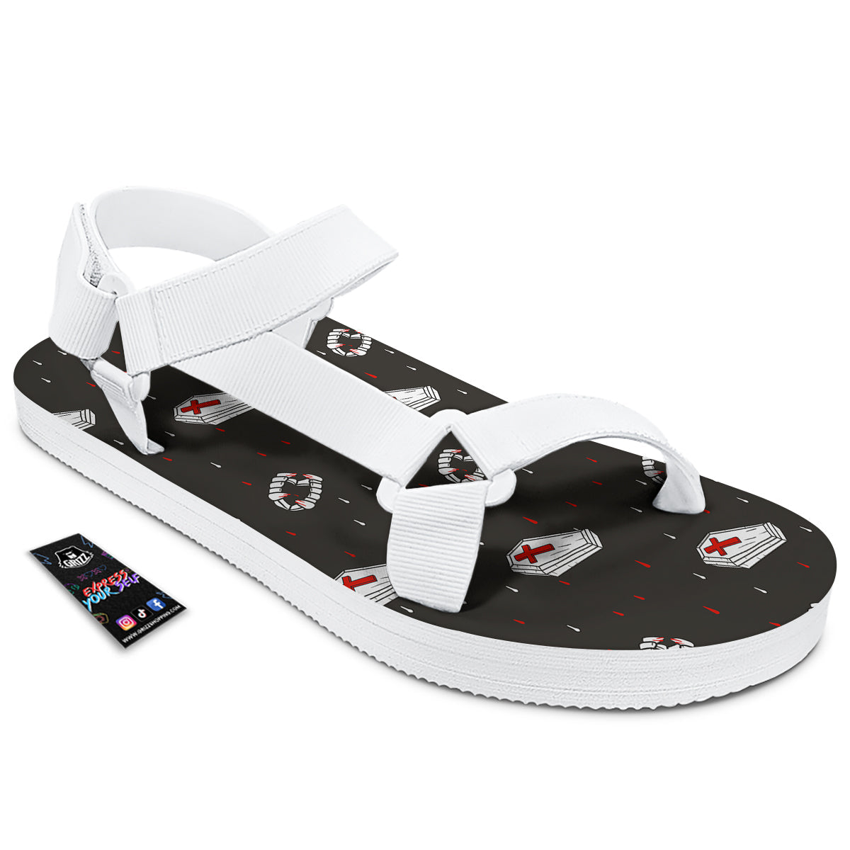Coffin Vampire Print Pattern White Open Toe Sandals-grizzshop