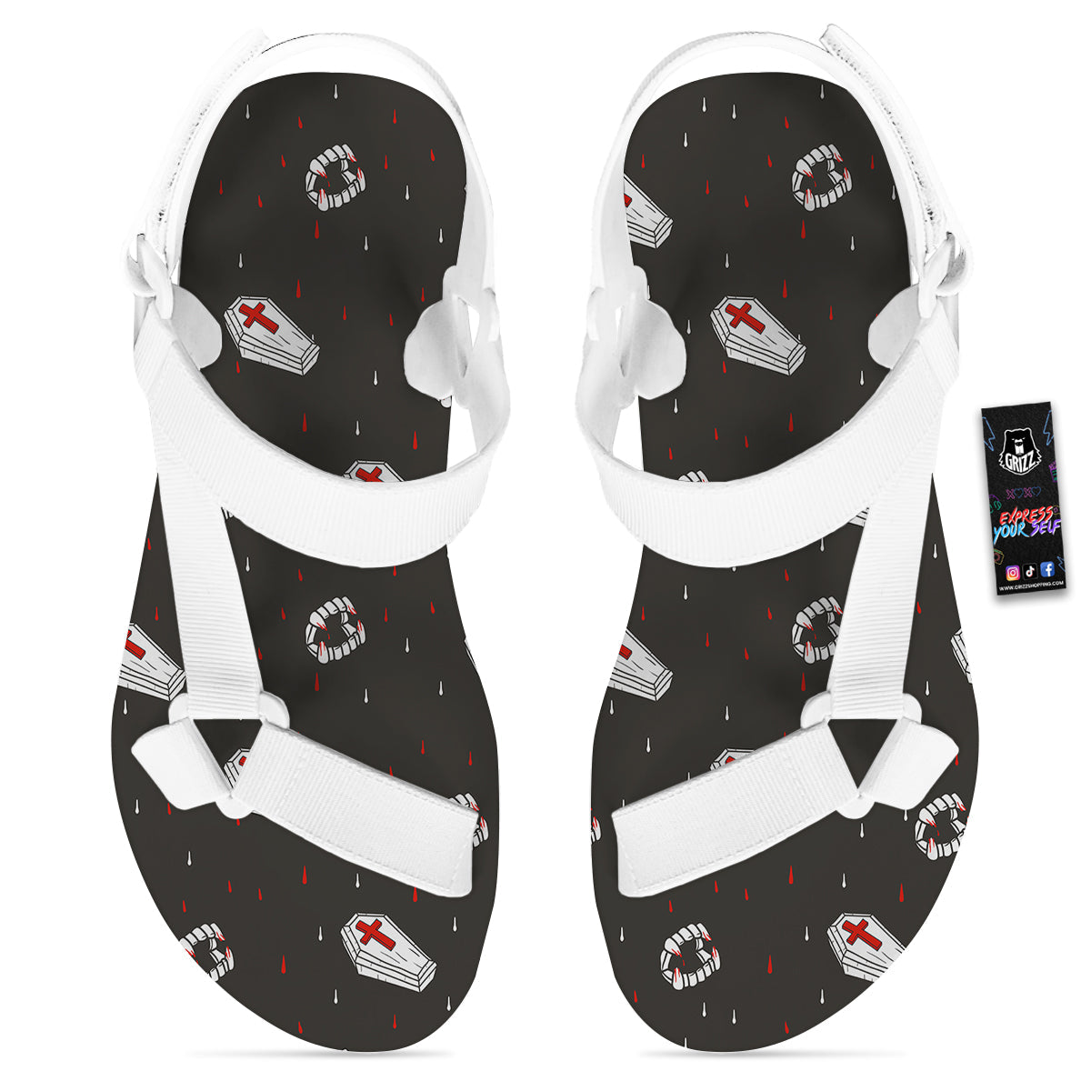 Coffin Vampire Print Pattern White Open Toe Sandals-grizzshop