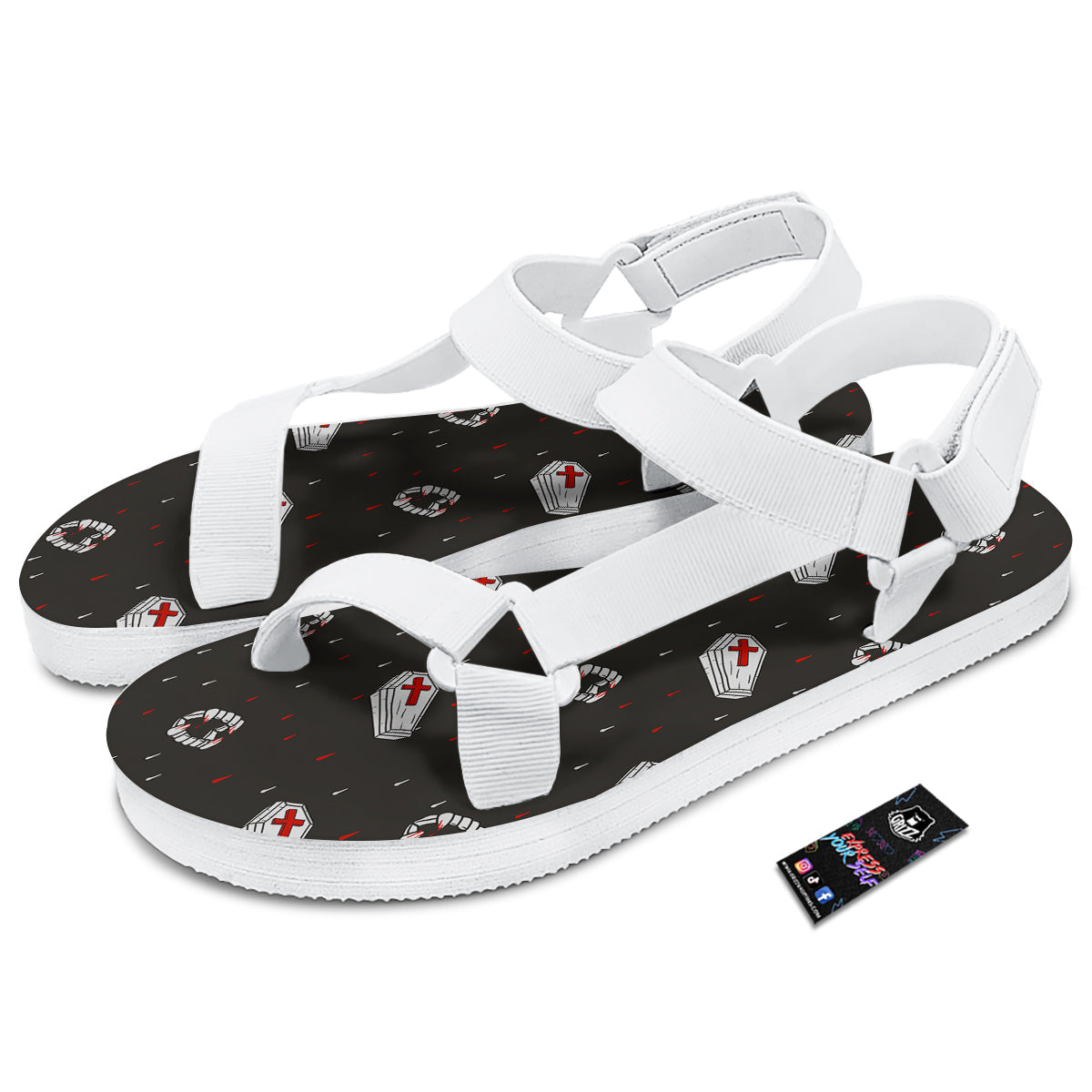 Coffin Vampire Print Pattern White Open Toe Sandals-grizzshop