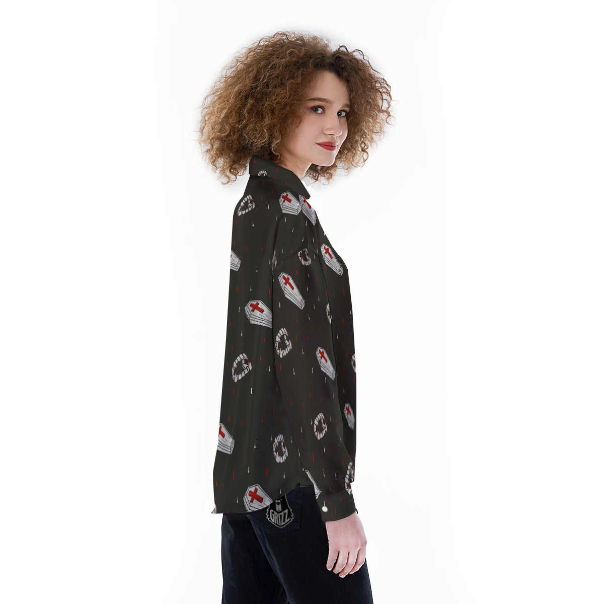 Coffin Vampire Print Pattern Women's Long Sleeve Shirts-grizzshop
