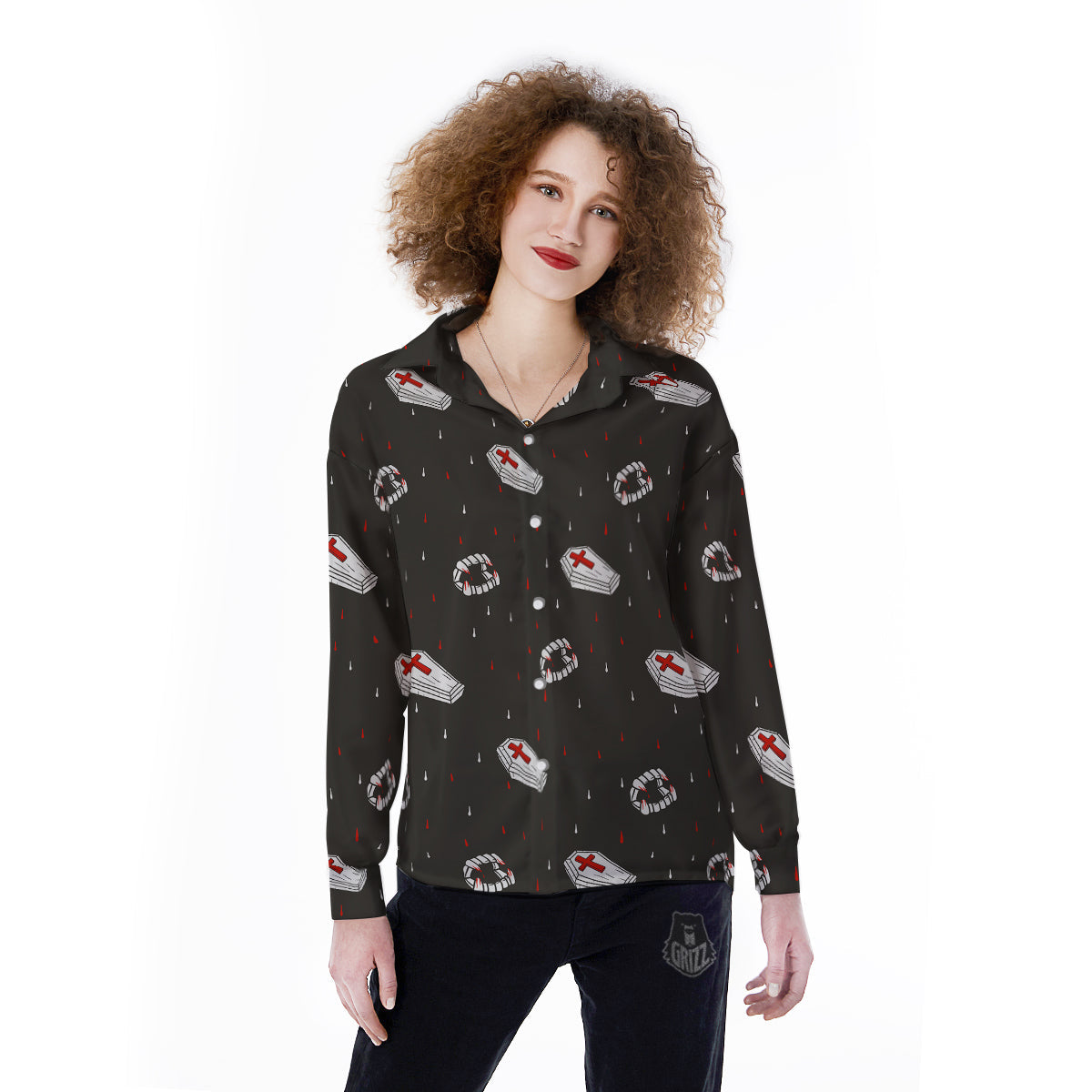 Coffin Vampire Print Pattern Women's Long Sleeve Shirts-grizzshop