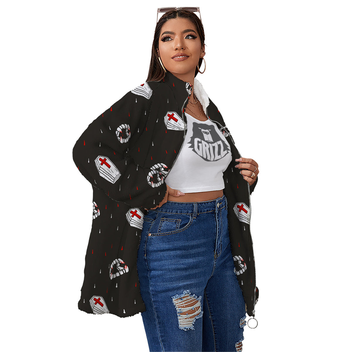 Coffin Vampire Print Pattern Women's Sherpa Jacket-grizzshop
