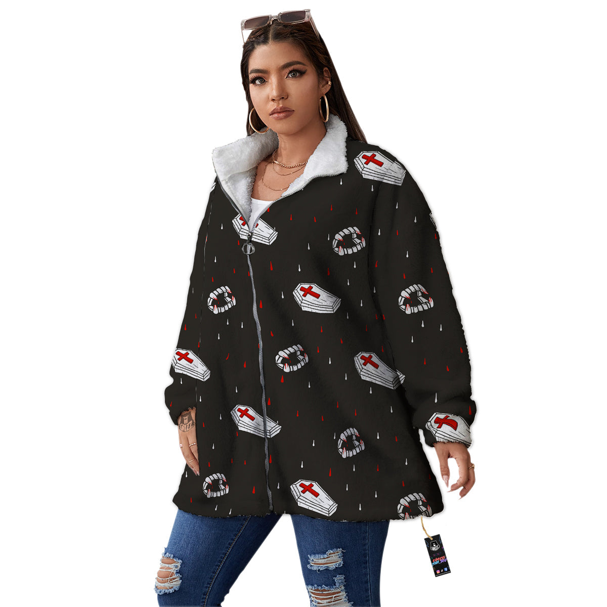 Coffin Vampire Print Pattern Women's Sherpa Jacket-grizzshop