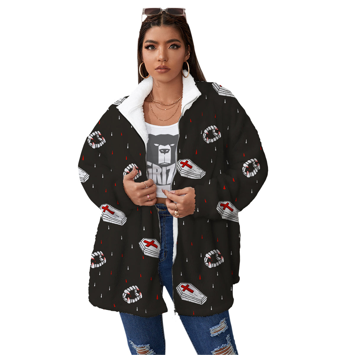 Coffin Vampire Print Pattern Women's Sherpa Jacket-grizzshop