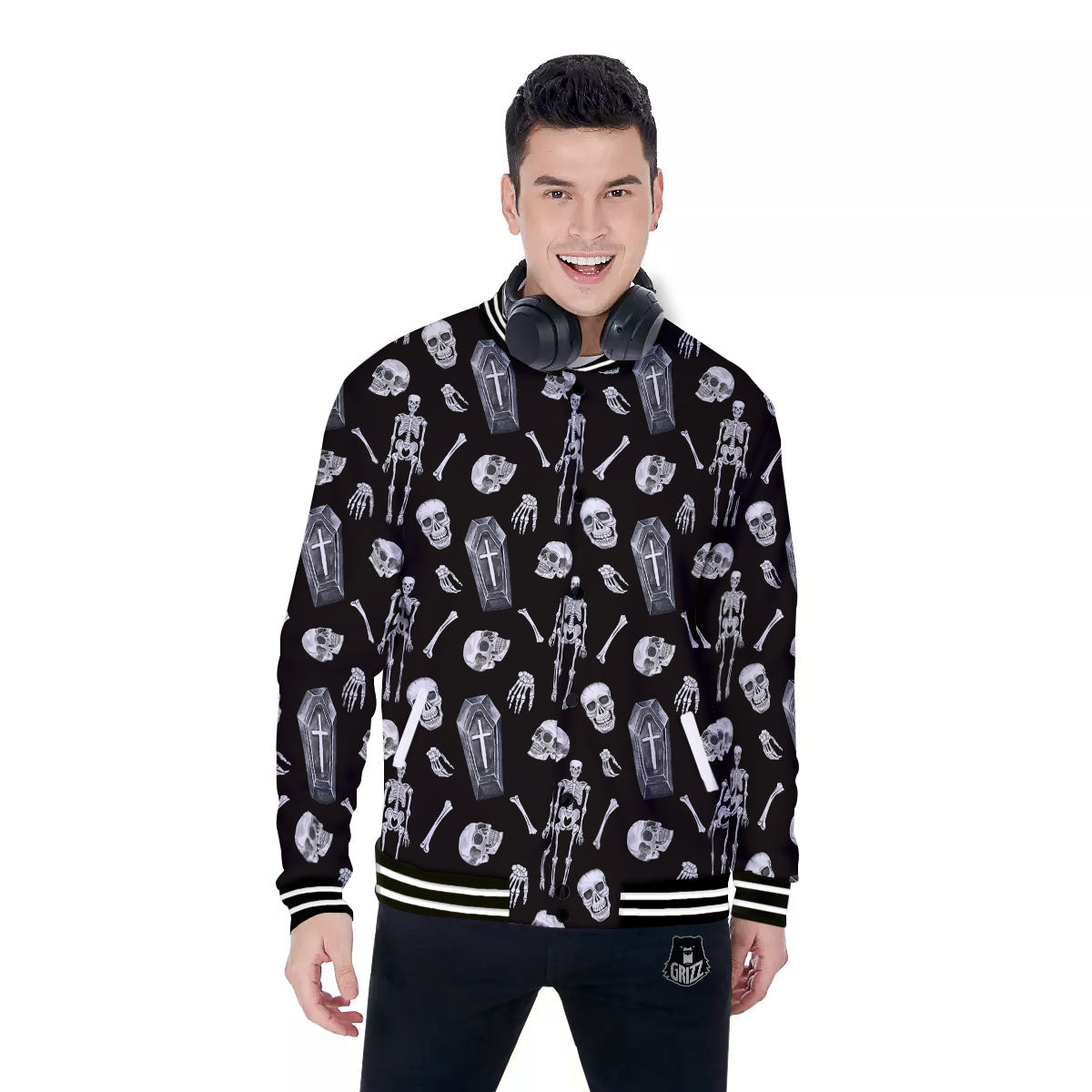Coffin White And Black Print Pattern Baseball Jacket-grizzshop
