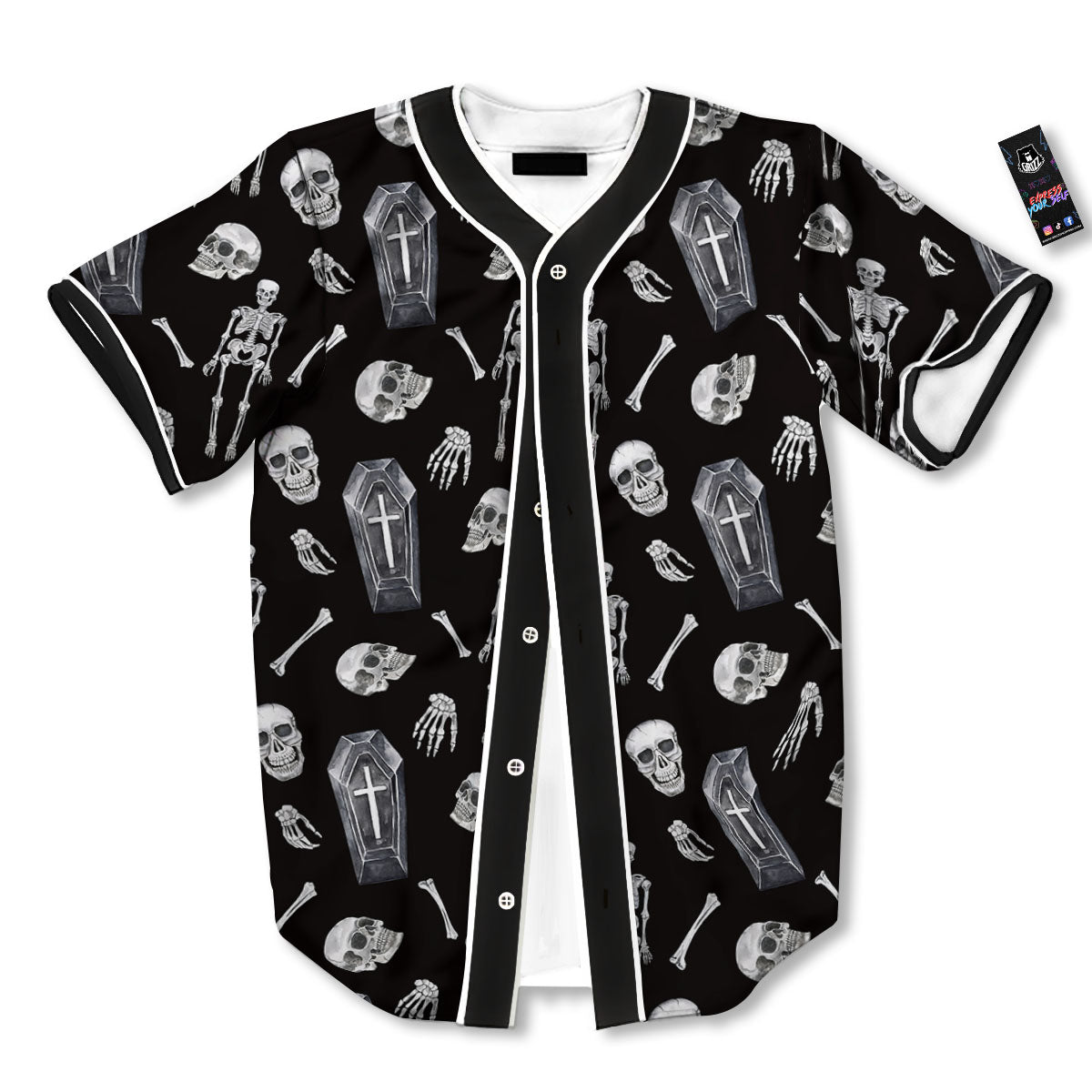 Coffin White And Black Print Pattern Baseball Jersey-grizzshop