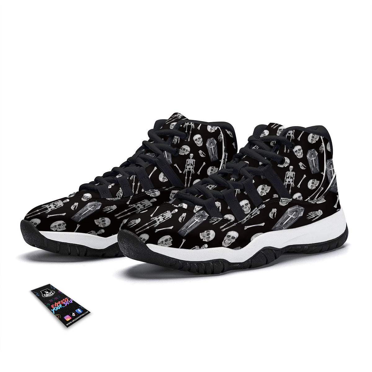 Coffin White And Black Print Pattern Black Bball Shoes-grizzshop