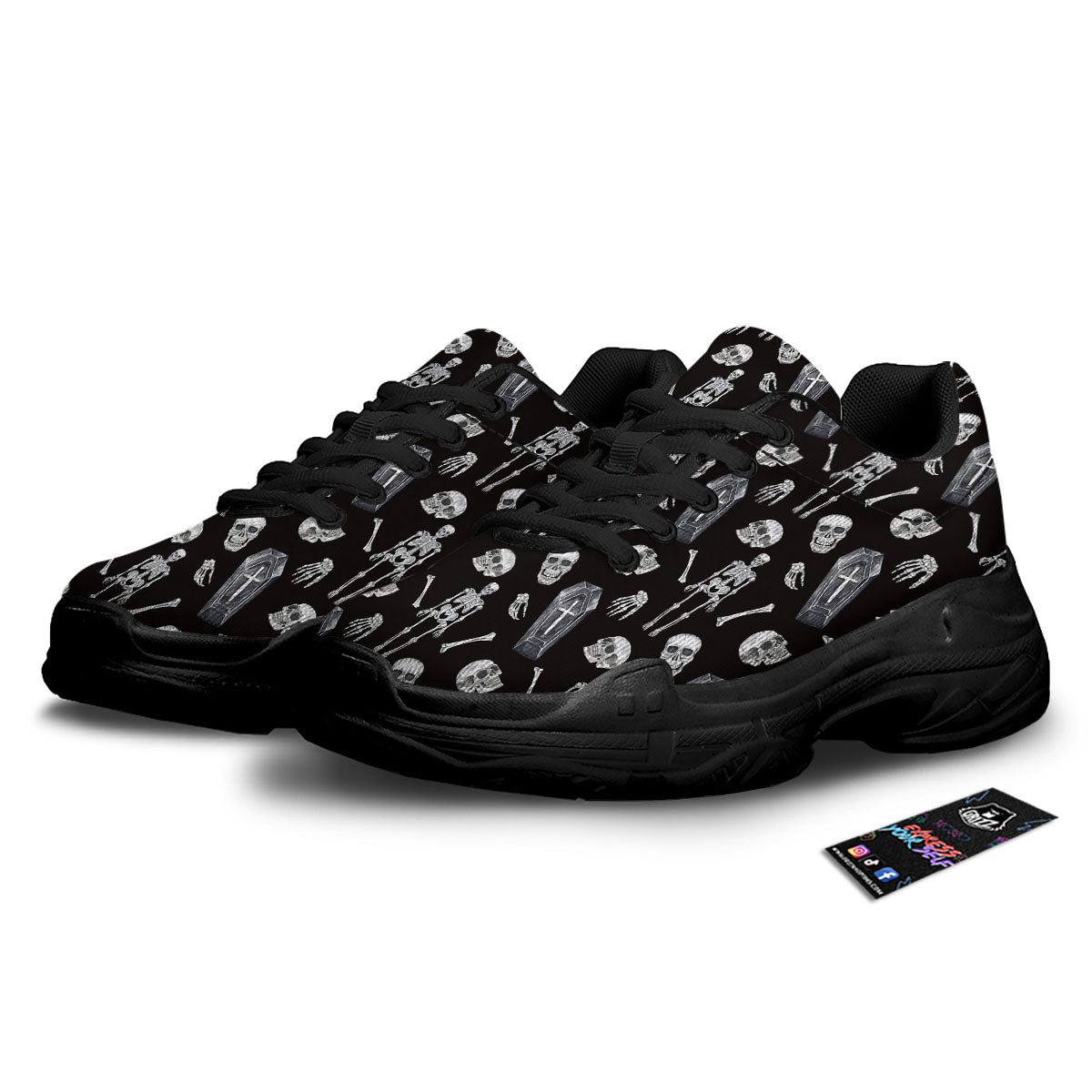 Coffin White And Black Print Pattern Black Chunky Shoes-grizzshop