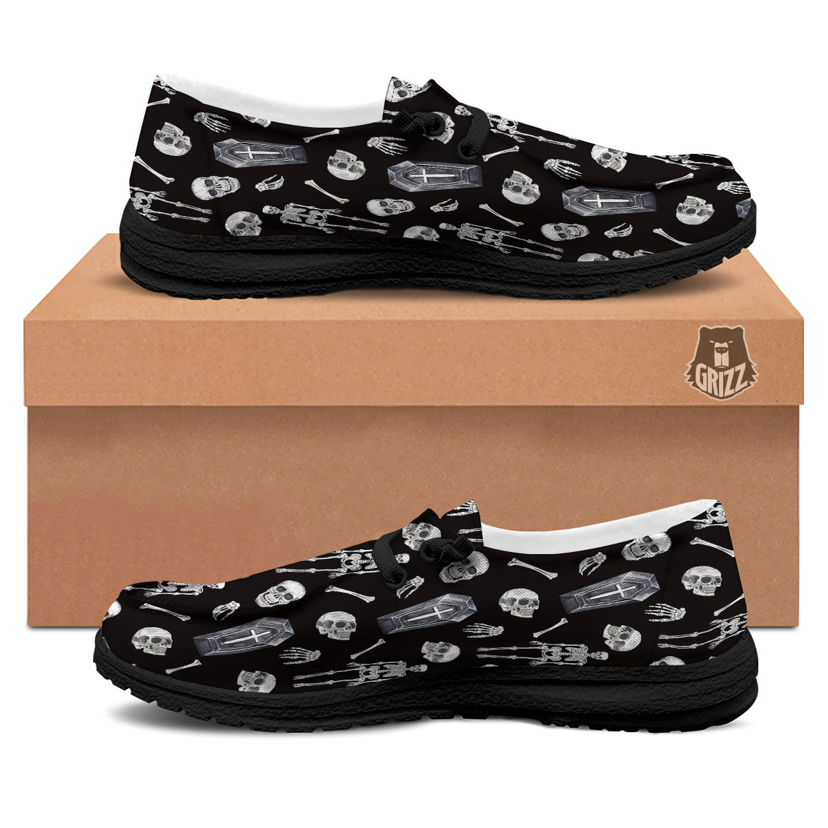 Coffin White And Black Print Pattern Black Loafers-grizzshop