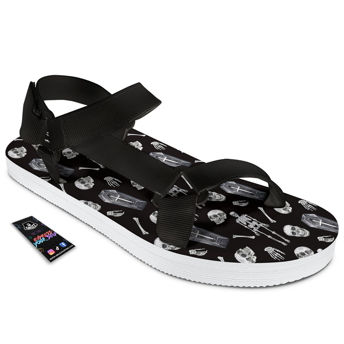Coffin White And Black Print Pattern Black Open Toe Sandals-grizzshop