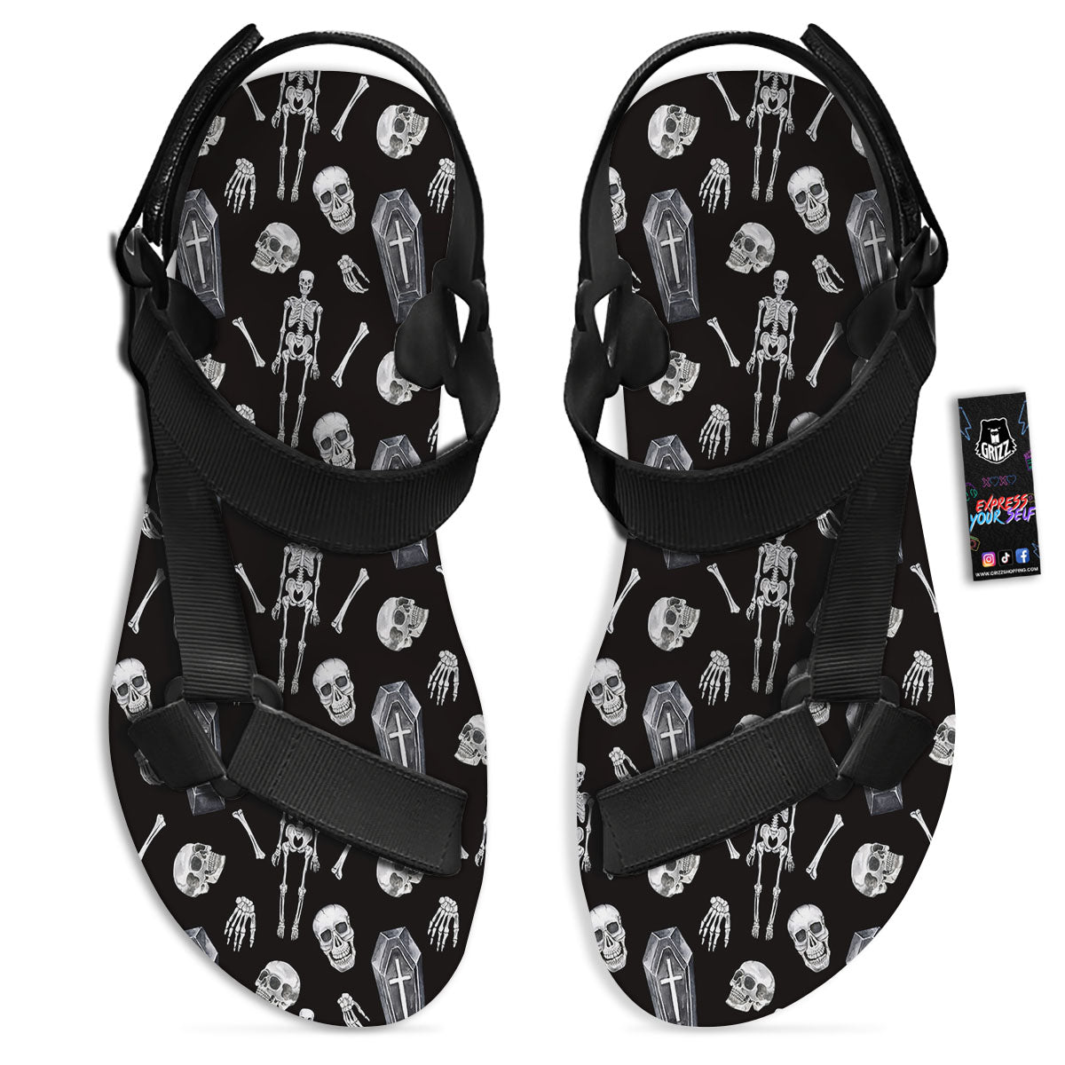 Coffin White And Black Print Pattern Black Open Toe Sandals-grizzshop