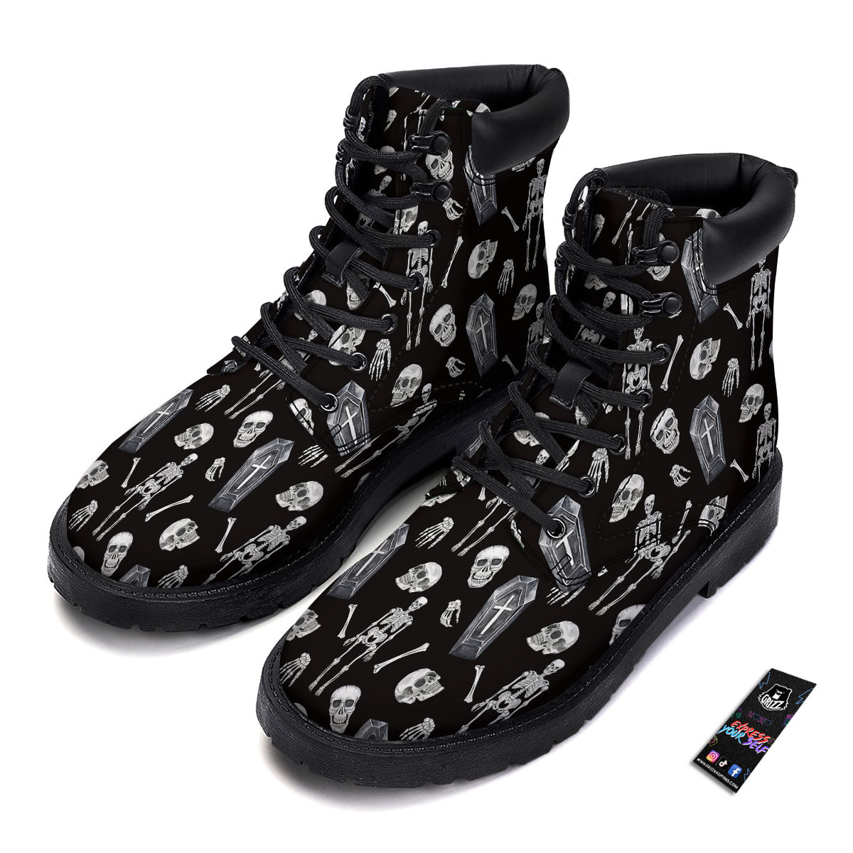 Coffin White And Black Print Pattern Boots-grizzshop