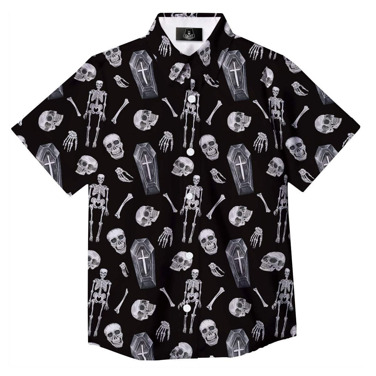 Coffin White And Black Print Pattern Button Up Shirt-grizzshop